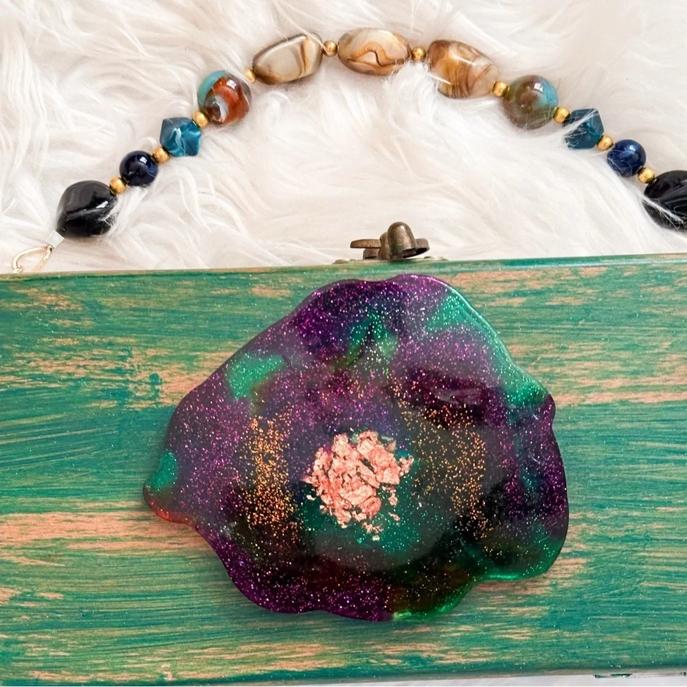 Unique Handcrafted Green and Purple Wooden Clutch